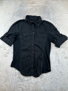 SWS Studio Works Womens Large Black Button Front Utility Shirt Roll Tab Sleeve L